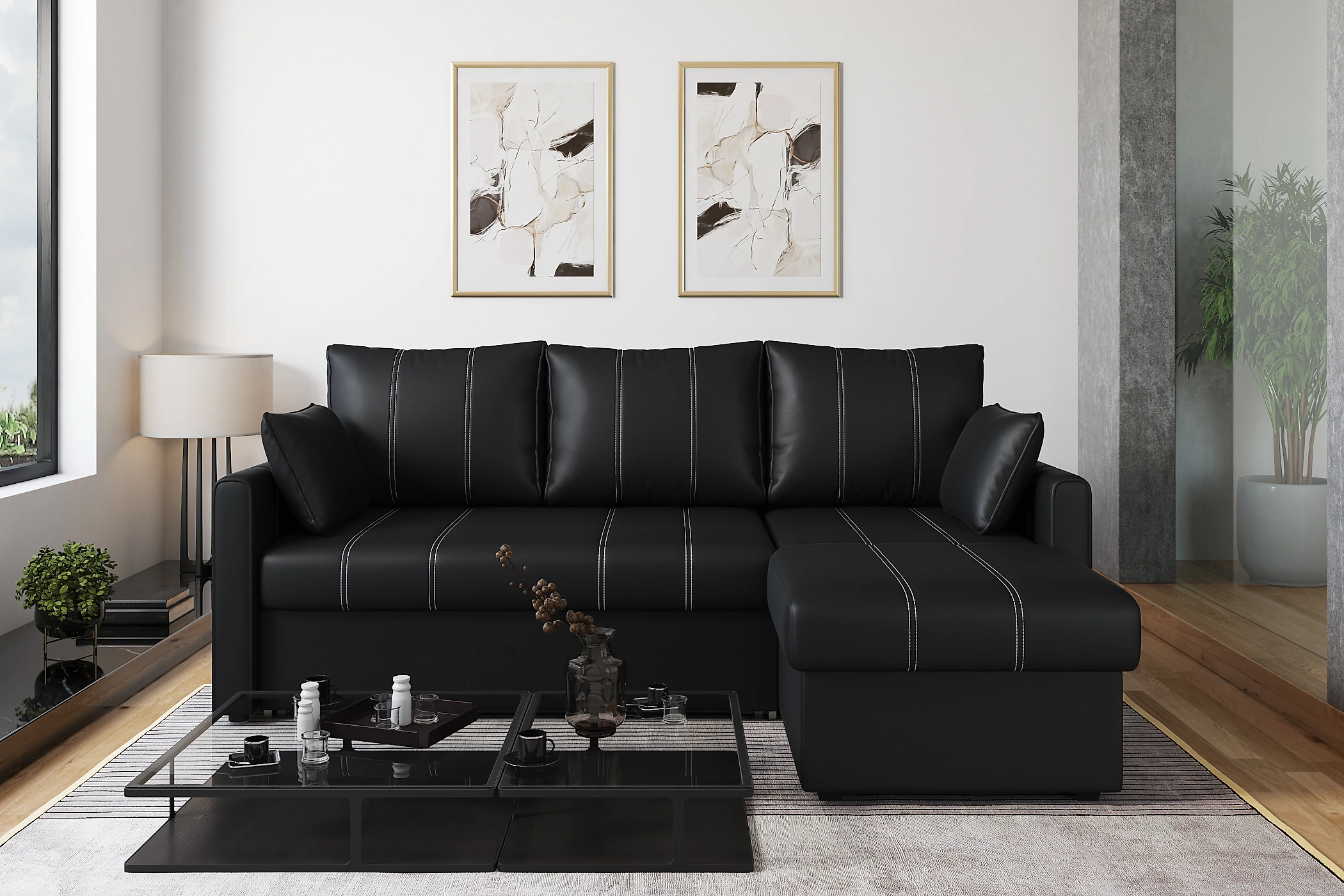 Чёрный диван Риммини Дизайн 3 кожаный