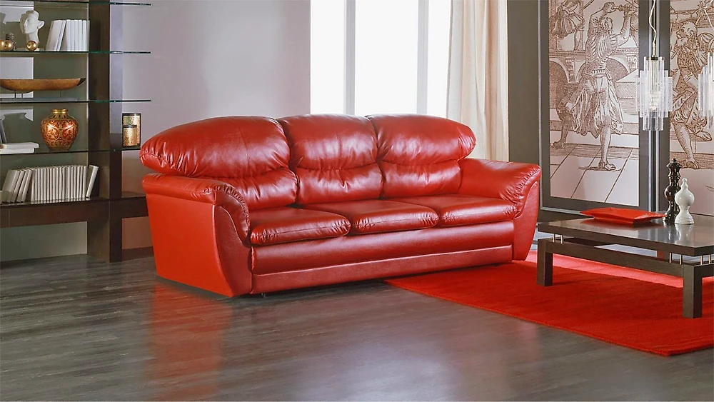 Красный кожаный диван Диона трехместный кожаный