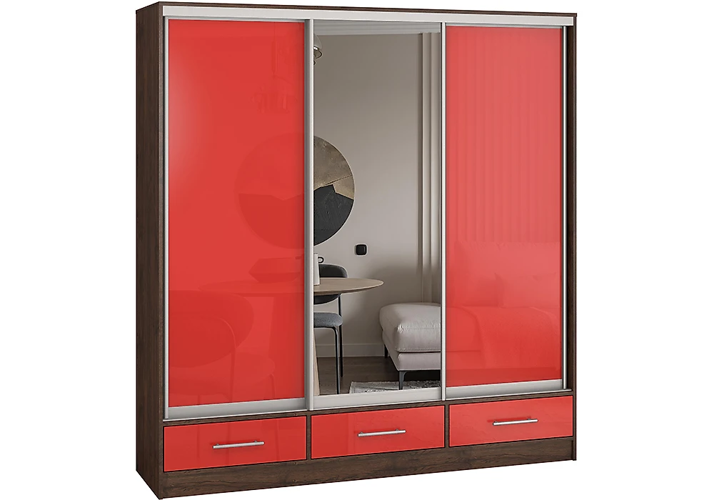 Красный шкаф Версаль-190 3 двери МДФ-Зеркало-МДФ Дизайн-2